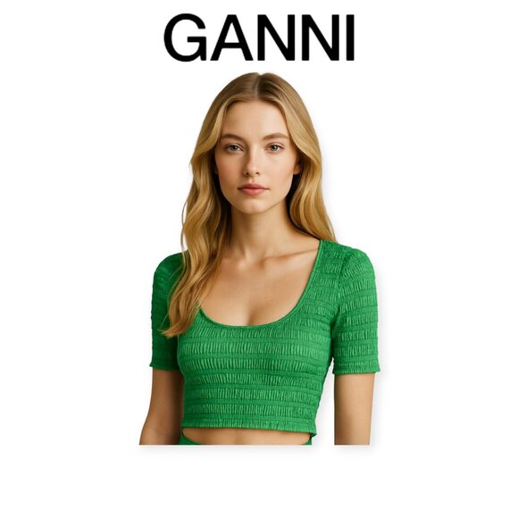 GANNI Green Smocked Cropped Top XS Square Neck Short Sleeve Sustainable Fabric - Picture 1 of 16